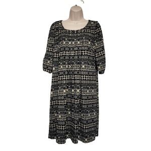 Perceptions New York black tan dress tucks Tribal pattern 3/4 sleeve Misses L